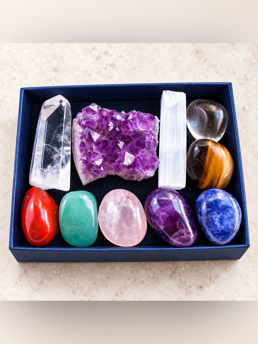Boxed Gemstone Gift Set, Amethyst, Clear Quartz, Selenite, Crystal Charka Set - Picture 2 of 3